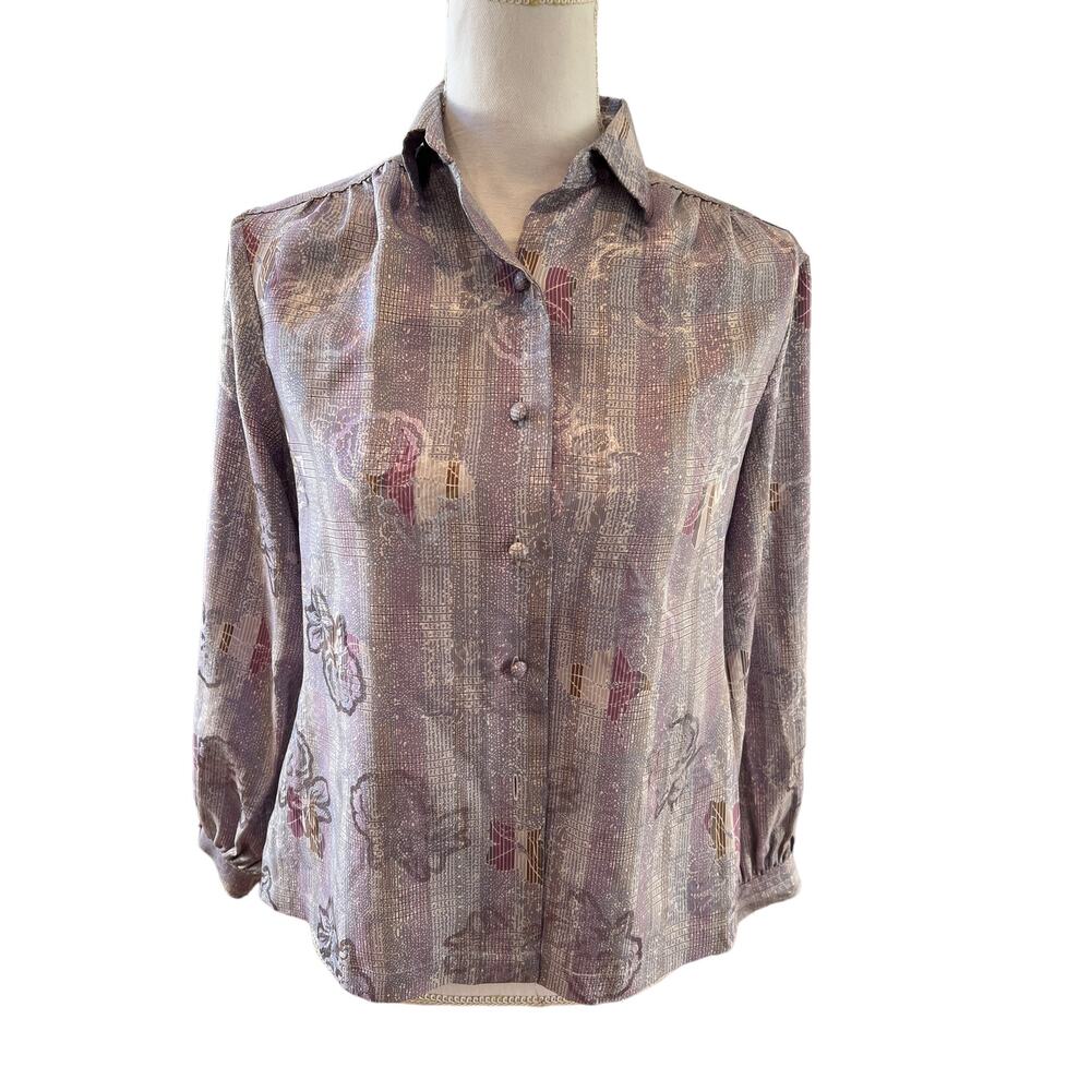 Vintage 70s collared Satin Jacquard Print Top Lavender floral print